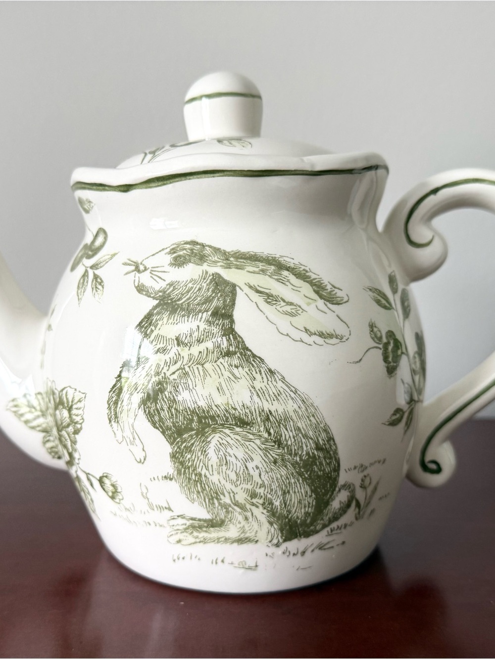 Maxcera Green & White Toile Rabbit Teapot Discontinued  Floral Botanical Cottage